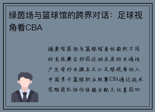 绿茵场与篮球馆的跨界对话：足球视角看CBA