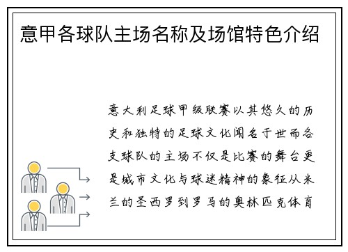 意甲各球队主场名称及场馆特色介绍