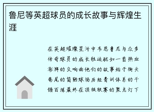 鲁尼等英超球员的成长故事与辉煌生涯